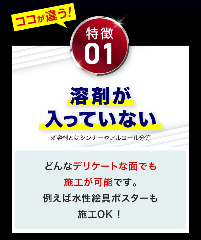 特徴.1　溶剤が入っていない。どんなデリケートな面でも施工が可能です。（例えば水性絵具ポスターも施工OK！）